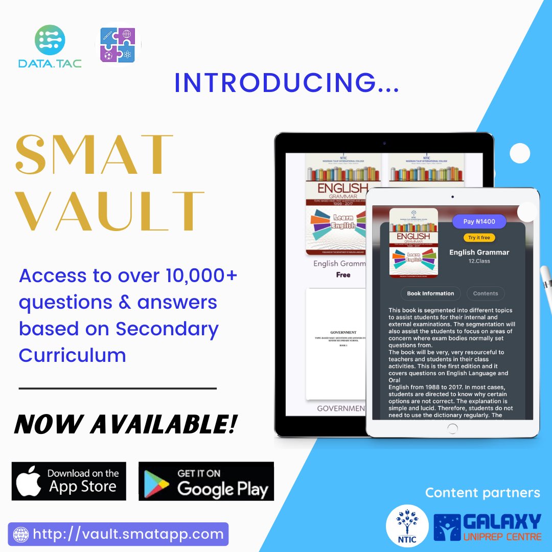 datatac_ng's tweet photo. Now available for download on Google play store and Apple store!
You can get more information by going to our webpage https://t.co/DKhwSlM45e
•
•
#education #technology #SMATApp #innovation #learning #teaching https://t.co/3czeaZ7SSQ