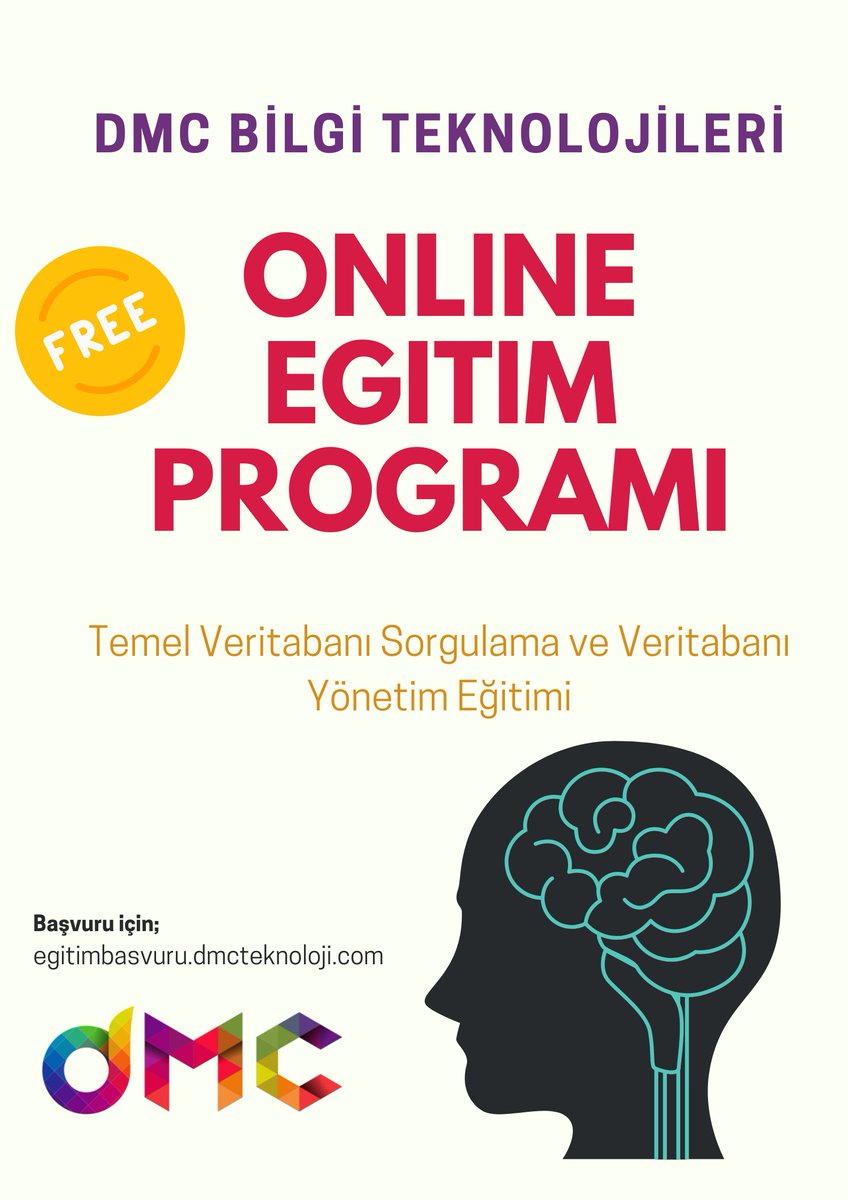 Malum pandemi, evden öğretim görmek zorunda olan üniversite öğrencileri yada yeni mezun sayısı iş arayan kişi sayısı çok fazla. Nitelikli ve nicelikli kişilerin yetişmesi adına 
@DMCTeknoloji olarak Online Eğitim Programı düzenledik. Afişi aşağıdadır. Dağıtabiliriz :) 
#sql