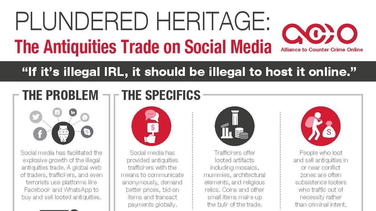 1/8 Social media has facilitated the explosive growth of the illegal antiquities trade by providing criminals an anonymous way to market stolen heritage and transact payments globally. Read  @counteringcrime’s Fact Sheet on how social media enables it.  https://bit.ly/2EJ46Lr 