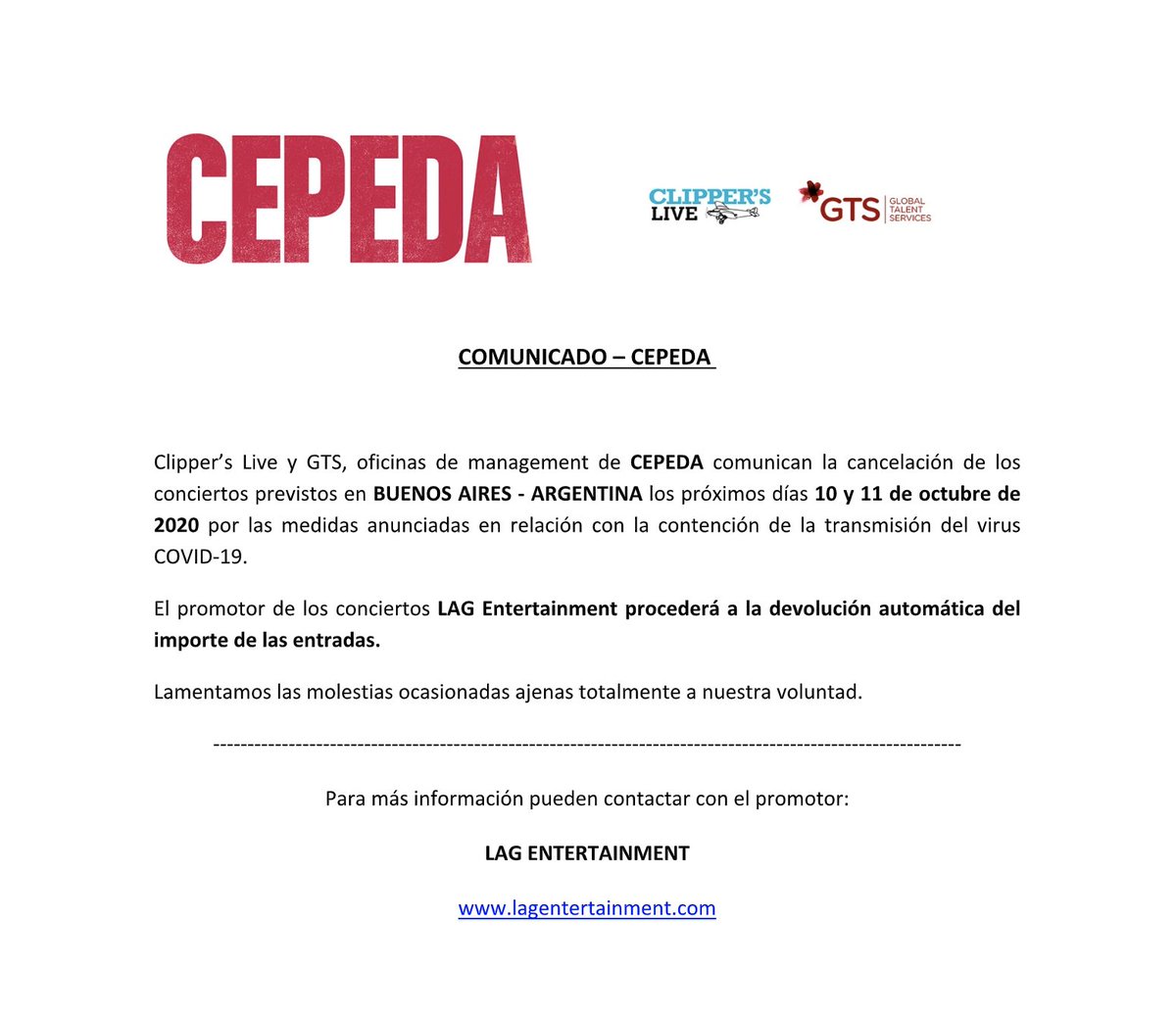lagargentina's tweet photo. Informamos la cancelación de los shows de CEPEDA previstos para el 10 y 11 de Octubre de 2020, debido a las medidas en relación con la contención de la transmisión del COVID-19. Se procederá a la devolución del importe de las entradas por parte de The Roxy Live y La Trastienda. https://t.co/8iEuGMhfT1