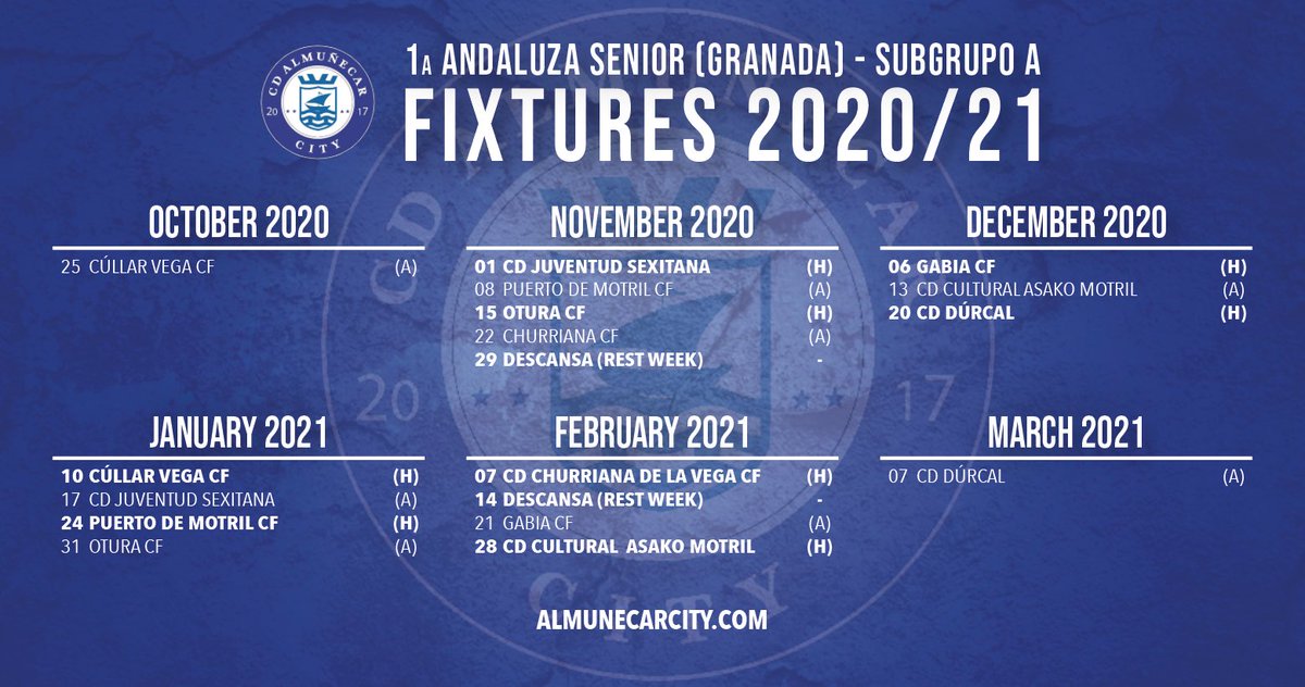 ‼️FIXTURE ANNOUNCEMENT‼️

Our senior team have been given their fixtures for the first part of the 2020-21 season. They will be in Subgrupo A of 1a Andaluza Senior (Granada) and start with a trip to Cúllar Vega CF on Sunday 25 October #CDAC #FixtureRelease