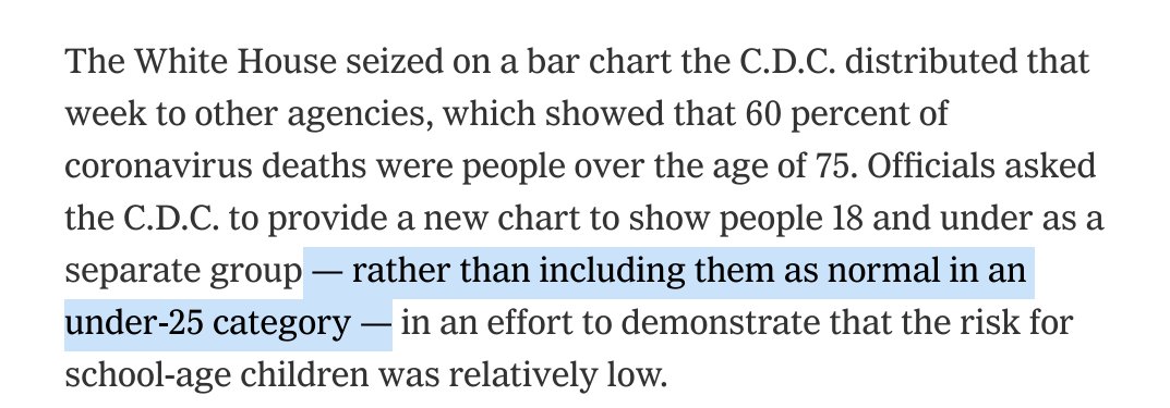 The widely-shared NYT story Trump admin's meddling with the CDC has really worrying claims unsupported by the science. It should make multiple corrections. No, it is not "normal" or okay to lump everyone under 25 for COVID! Meddling is illegitimate but can't miss the science.