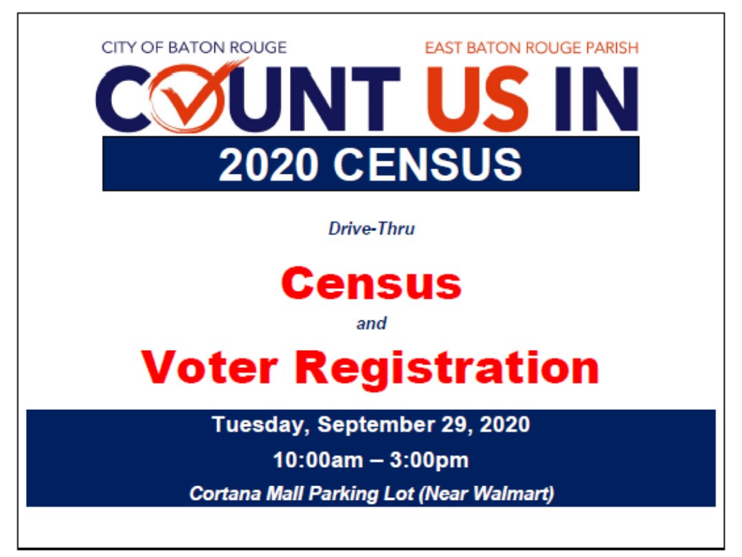 Today is the day! Don't forget to join us at Cortana Mall as we work together to #MakeBRCount! We will be out there from 10:00am - 3:00pm assisting our community with the 2020 Census and Voter Registration. See you soon!