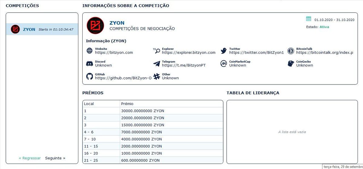 TRADING ZYON COMPETITION HAS BEEN ADDED TO CREX24!

 Start 10/01/2020

 End 10/31/2020

 120000 ZYON Award

 The 1st to the 25th largest ZYON traders will be awarded.

 Distribution of prizes according to the image.

<a href="/Crex_24/">CREX</a>