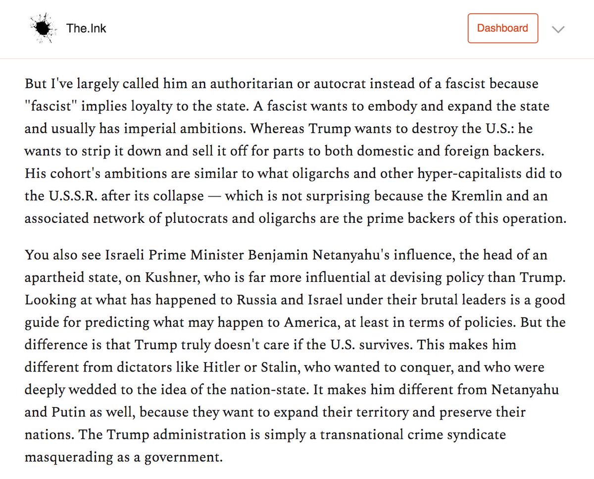 Now, this may surprise you, but  @sarahkendzior does not call Trump a fascist.Because fascists are at least loyal to their countries and want them to survive and "grow."He is a fascist without the patriotism, which is basically a criminal. https://the.ink/p/sarah-kendzior