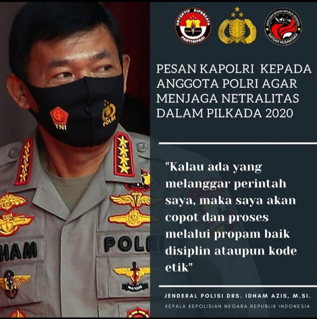 CKhusaeni's tweet photo. Pesan Kapolri kepada seluruh anggota, agar menjaga Netralitas dalam Pilkada 2020, kalau ada yang melanggar perintah saya maka akan saya copot dan saya proses melalui Propam baik Disiplin maupun Kode etik.
#Pilkada2020
#PolriPromoter
#NetralitasPolri
#PolresMojokertoKota https://t.co/432hm3KAek