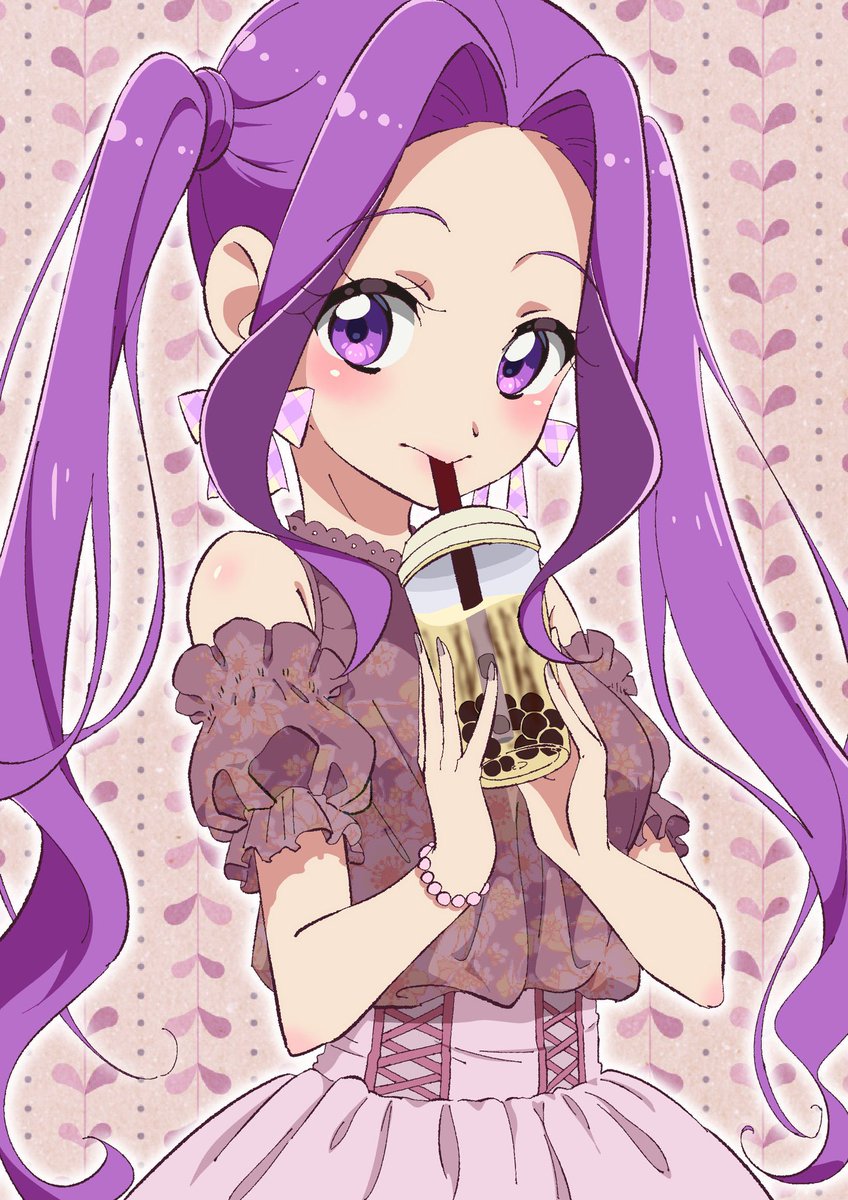 1girl solo twintails purple eyes purple hair bubble tea long hair  illustration images