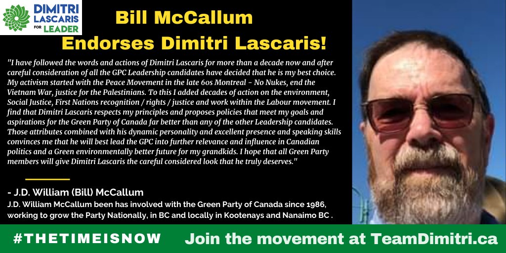 dimitrilascaris's tweet photo. "...he will best lead the GPC into further relevance and influence in Canadian politics...."
Thank you, Bill, for your years of committed activism for your support!
#TheTimeIsNow to #votedimitri
https://t.co/uUPgMiIoc9
@CanadianGreens @BCGreens
@younggreenscan https://t.co/Y8SFXpa0hV