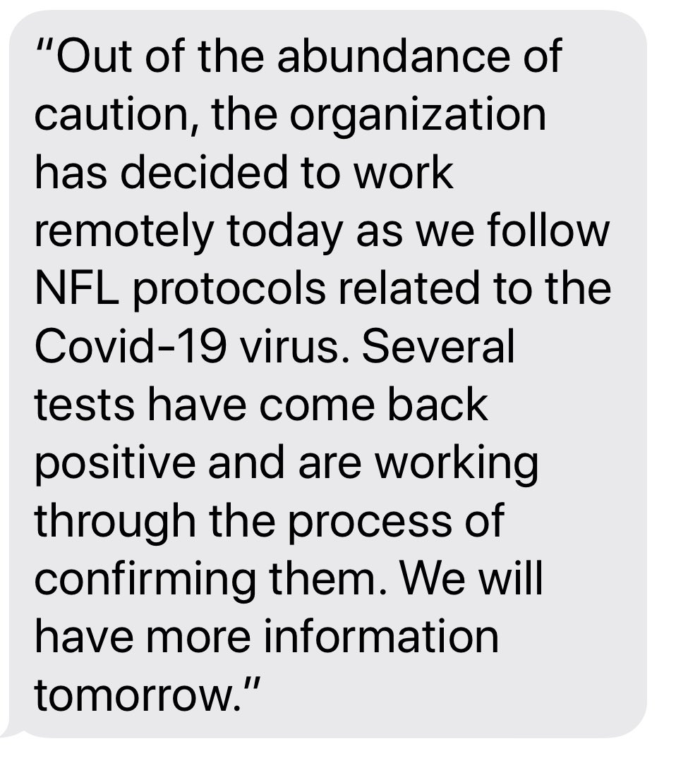 AdamSchefter's tweet image. After multiple positive COVID tests in their organization , the Titans are halting in-person work today and made this announcement: