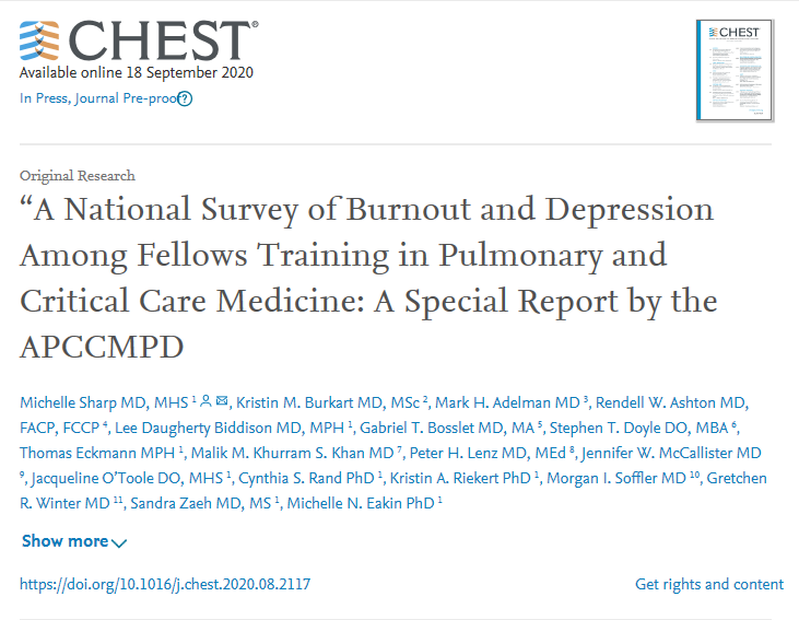 ATS_BSHSR's tweet photo. "A National Survey of #Burnout and #Depression Among Fellows Training in #Pulmonary and #Critical #Care #Medicine: A Special Report by the #APCCMPD  #PCCM https://t.co/XuPcEsy8a4 https://t.co/MefQgXy0Nl