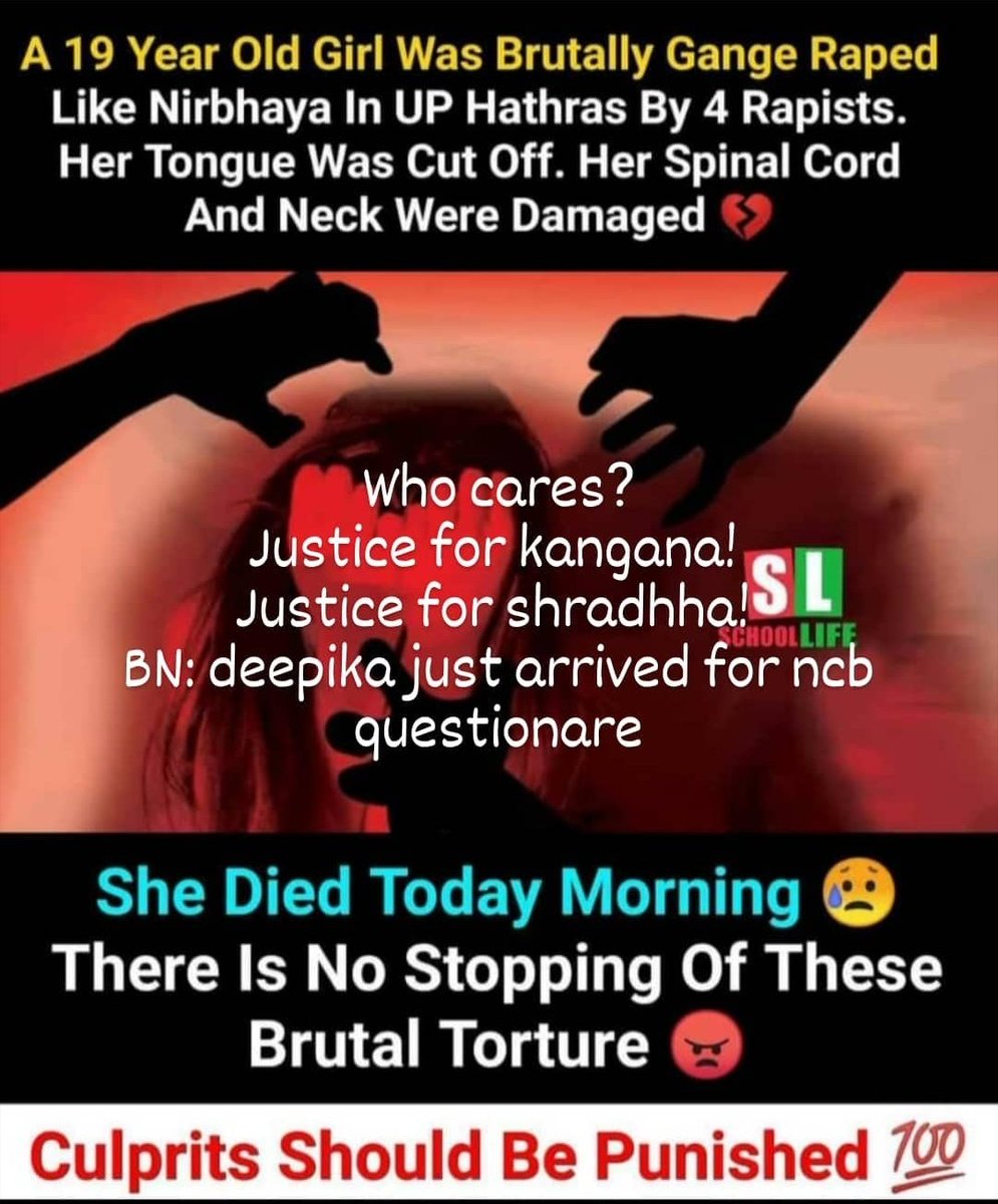 RashmiDeept's tweet photo. She was raped,her body was brutally scratched and ripped off!Yes,but there is nothing new in it.Was it?NO!This is a common deed in our society.Our main focus should be BOLLYWOOD!This is just another random case which will be forgotten by us.SUCH A SHAME!#JusticeForManishaValmiki https://t.co/BFvG9l55vA