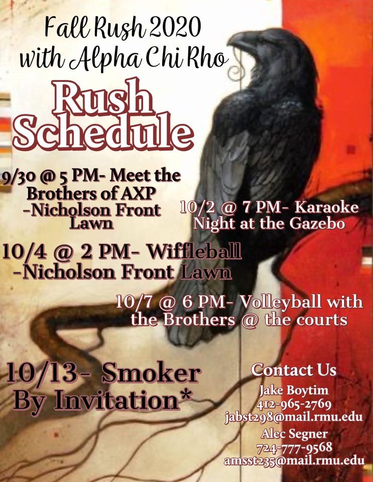 AXPCrowsRMU's tweet image. First rush event tomorrow! Stop by if you’re interested or if you just have general questions about Greek life and the fraternity. 

If you have any questions and can’t make the event. Feel free to DM us!