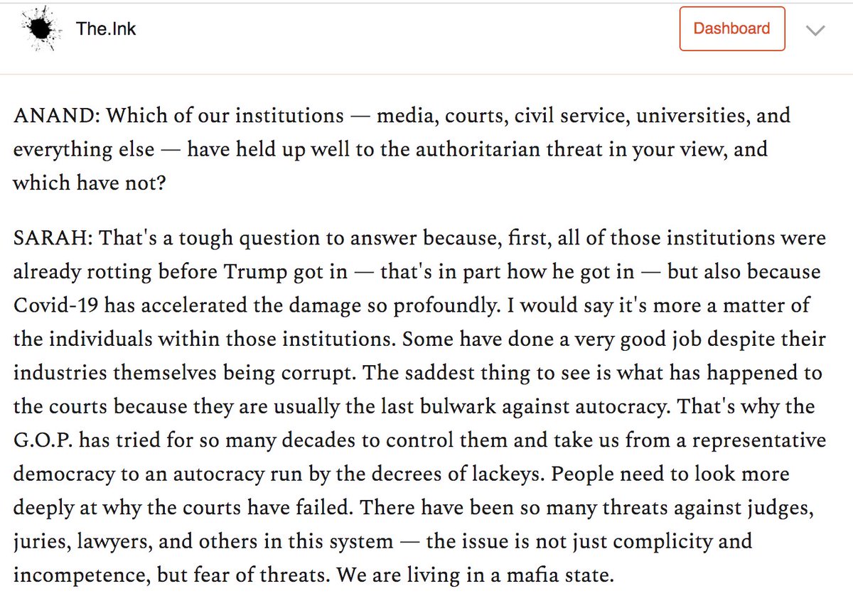 I asked her to grade America's institutions in terms of their resistance to Trumpism's corruptions, and one part of her answer was disturbing and pointed to a need for serious reporting on the use of threats against the judiciary. We need this covered. https://the.ink/p/sarah-kendzior