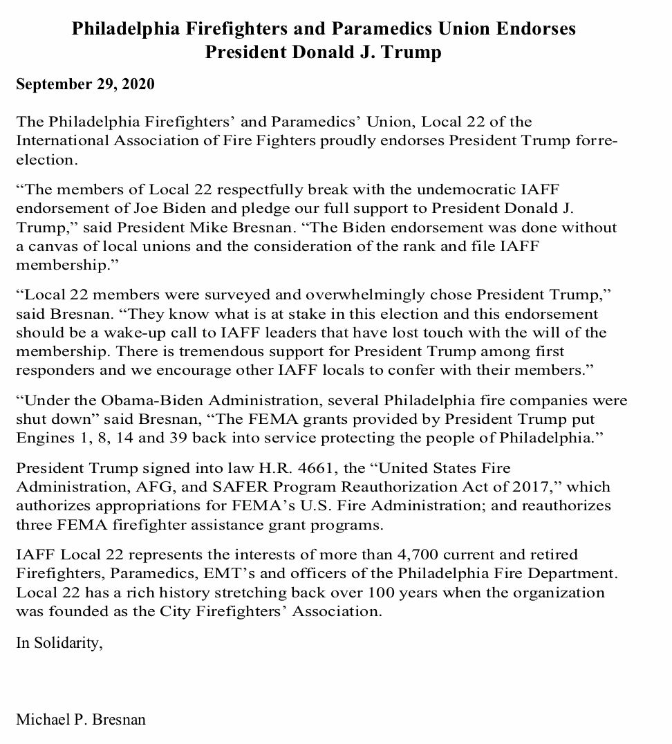 Philadelphia Firefighters and Paramedics Union Endorses President Donald J. Trump
