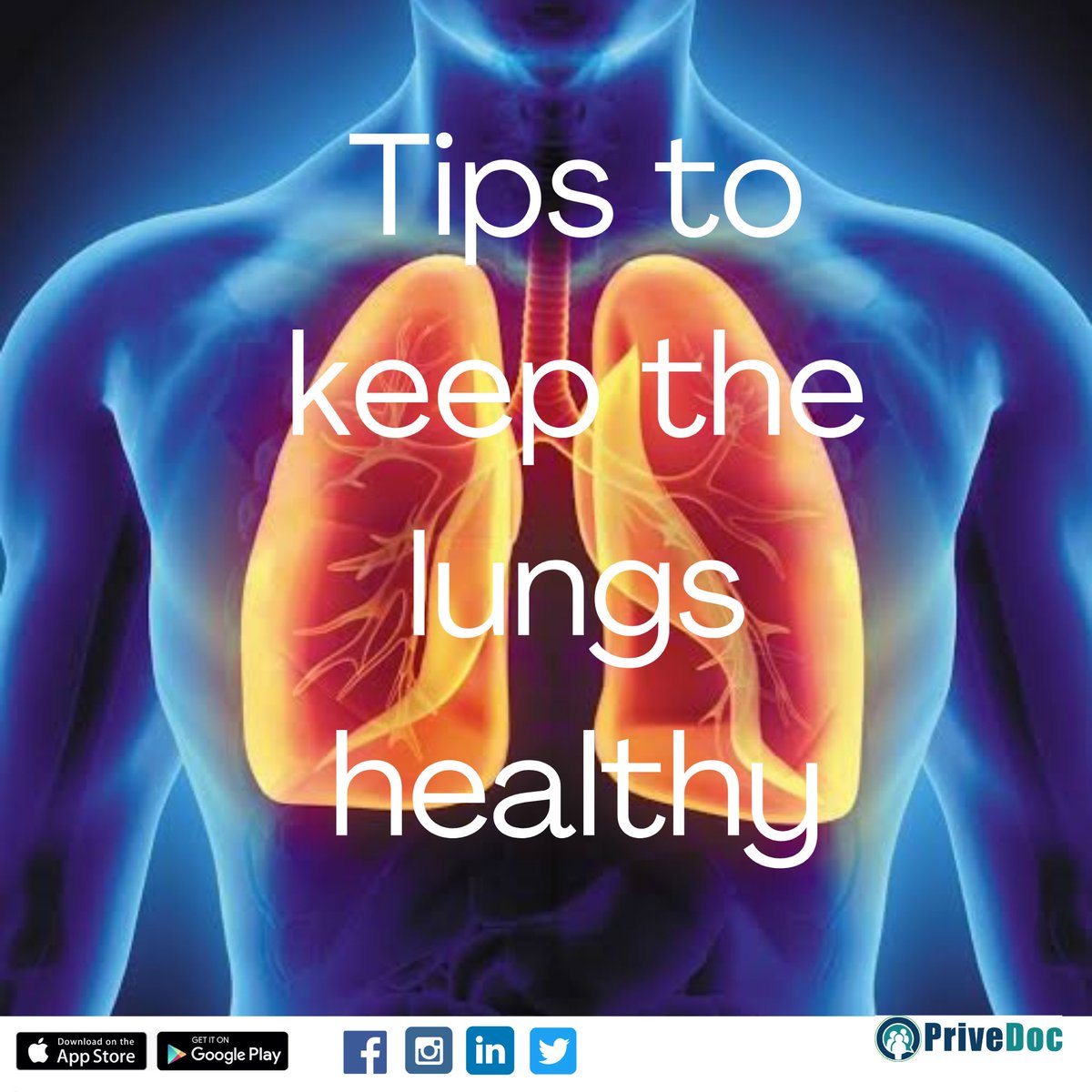 PriveDoc's tweet image. The following are ways  to keep the lungs healthy:-
- Don’t smoke
-Minimize exposure to air pollutant
- Exercise 
- Avoid crowds during cold /flu season
- Get regular checkups 

#healthytip #respiration #onlinedoc #mobileapp #privedoc #healthylifestyle
