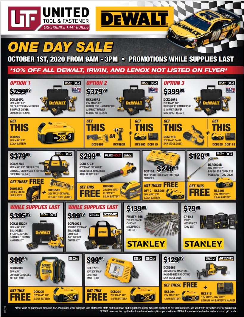 unitedtoolf's tweet photo. Oct.1 is the #Houston 1-Day Sale from 9-3. @DEWALTtough #tools, race cars, product demos! Take advantage of the best deals of the yr on @PIP_Global @wernerladderco @Southwire @Knaack_Storage. #constructionnews #toolssale #Houston @DellaMeredith https://t.co/aWvSBPTRyK
