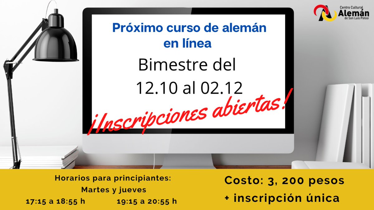 CCA_SLP's tweet photo. ¡Último bimestre del año 2020!
Solicita mayores informes al 444 8 13 22 32 o al correo secretaria@ccaslp.com 
Curso EN LÍNEA 🇩🇪✍🤓 https://t.co/Rx0RKYNuy9