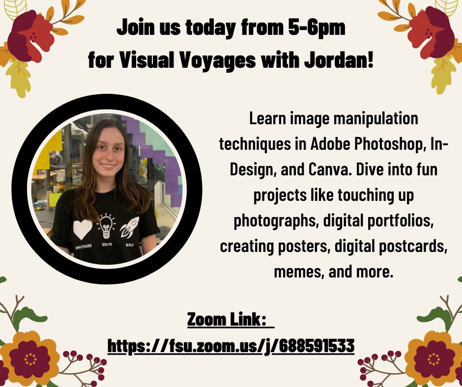 fsuthehub's tweet photo. Join Jordan today for her first live stream of the semester, Virtual Voyages! She will be live from 5-6pm at https://t.co/HrhNCNZo0X. #fsuinnovates https://t.co/W7AELvCheb