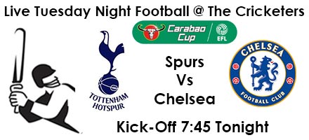 CricketersPH's tweet photo. Join us for live Caraboa Cup action tonight between @SpursOfficial  and @ChelseaFC Chelsea - Kick-off 7:45pm.
Plenty of seating and showing on our 3 large screens https://t.co/KXbDMGyzf6