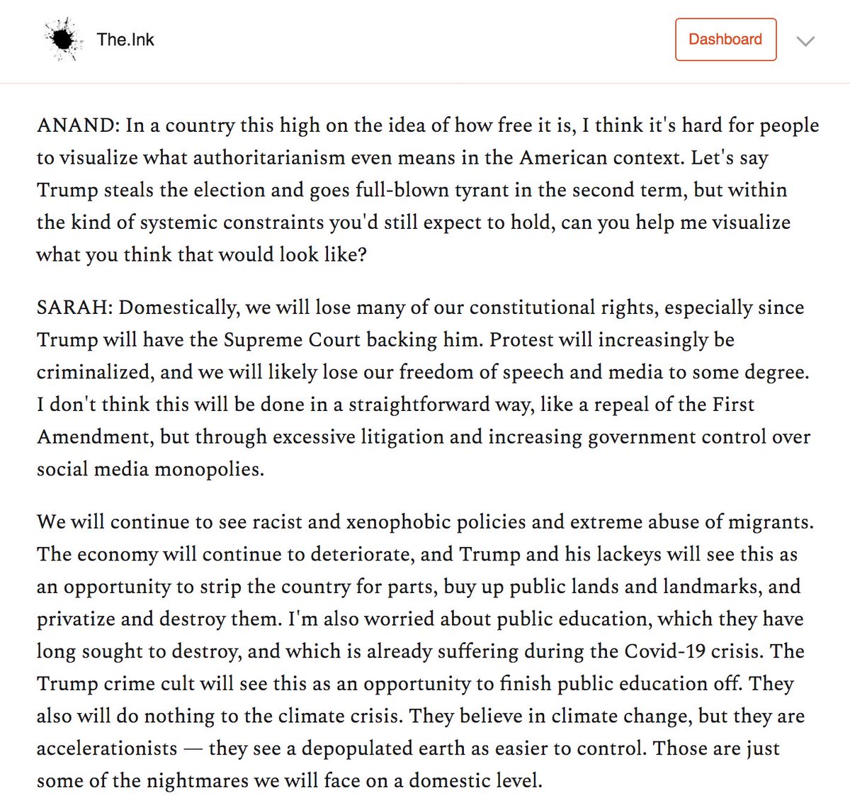 . @sarahkendzior's predictions have always felt spot-on. Yet it's hard to visualize what full-blown tyranny would look like in America, given our particular institutions and system. It would have its own flavor.I asked  @sarahkendzior to help me see it. https://the.ink/p/sarah-kendzior