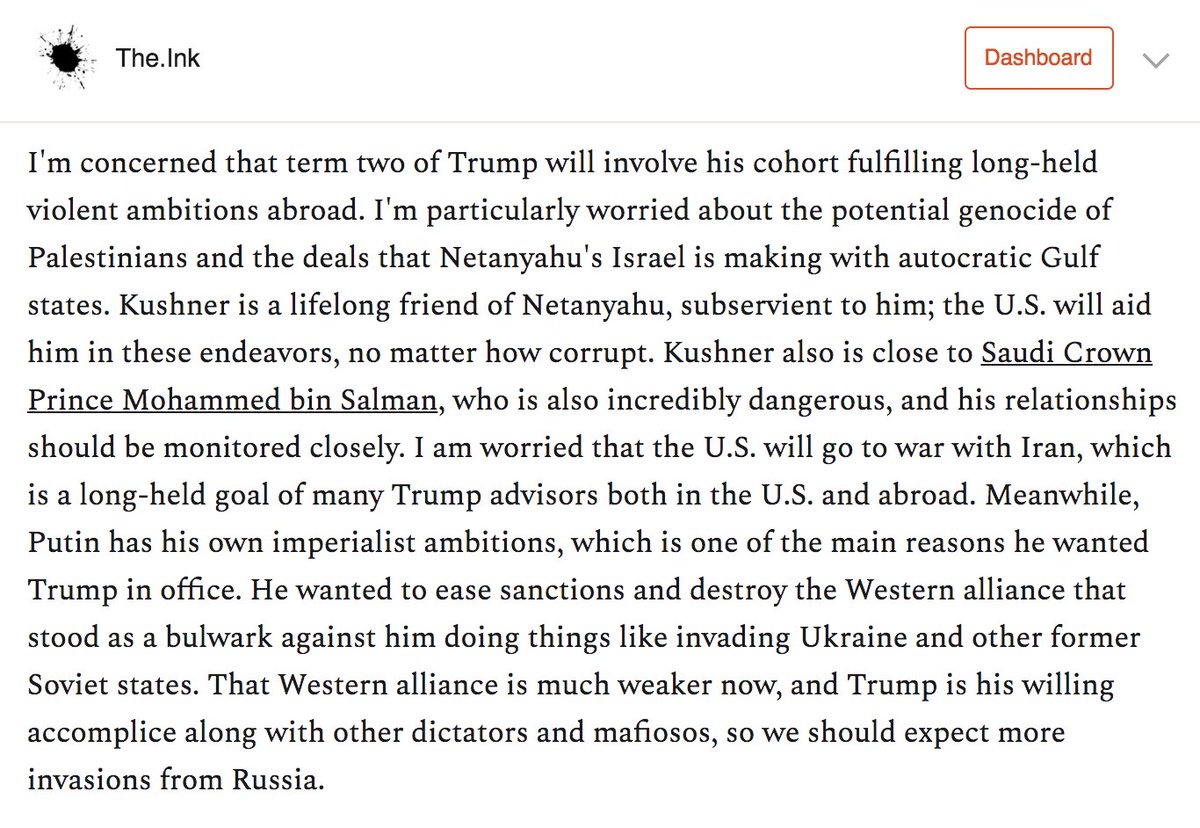 . @sarahkendzior's predictions have always felt spot-on. Yet it's hard to visualize what full-blown tyranny would look like in America, given our particular institutions and system. It would have its own flavor.I asked  @sarahkendzior to help me see it. https://the.ink/p/sarah-kendzior