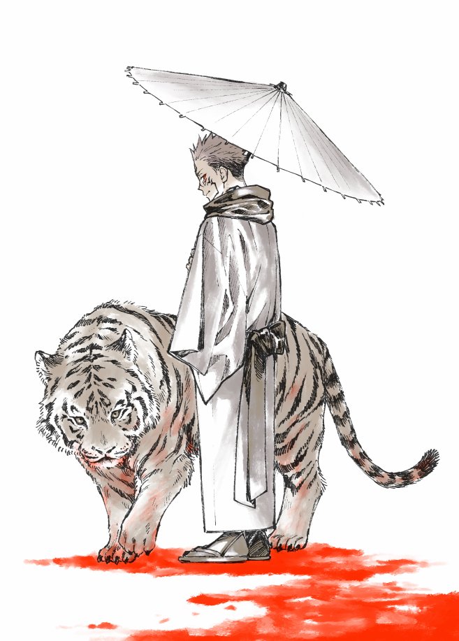 ryoumen sukuna (jujutsu kaisen) 1boy male focus umbrella tiger blood japanese clothes undercut  illustration images