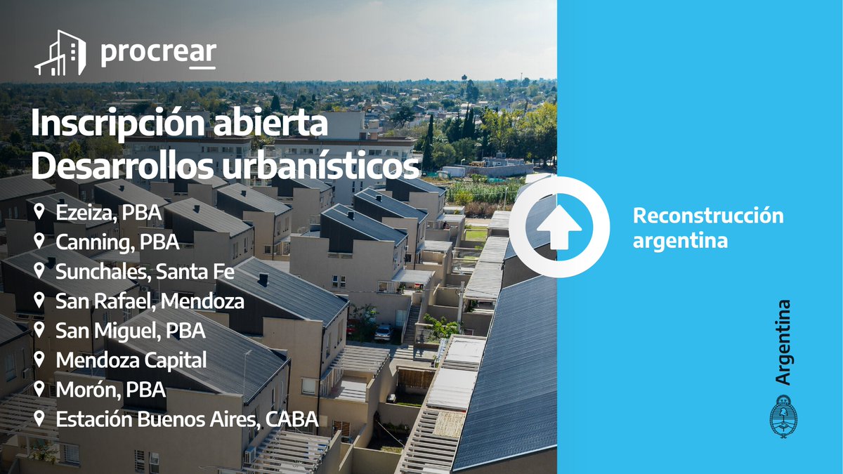 Se encuentra abierta la inscripción para 8 de los predios de la línea Desarrollos urbanísticos de <a href="/Procrear/">Procrear</a> en CABA, Provincia de Buenos Aires, Mendoza y Santa Fe. 

+info e inscripción: bit.ly/3bKIfPc

#ReconstrucciónArgentina⬆️