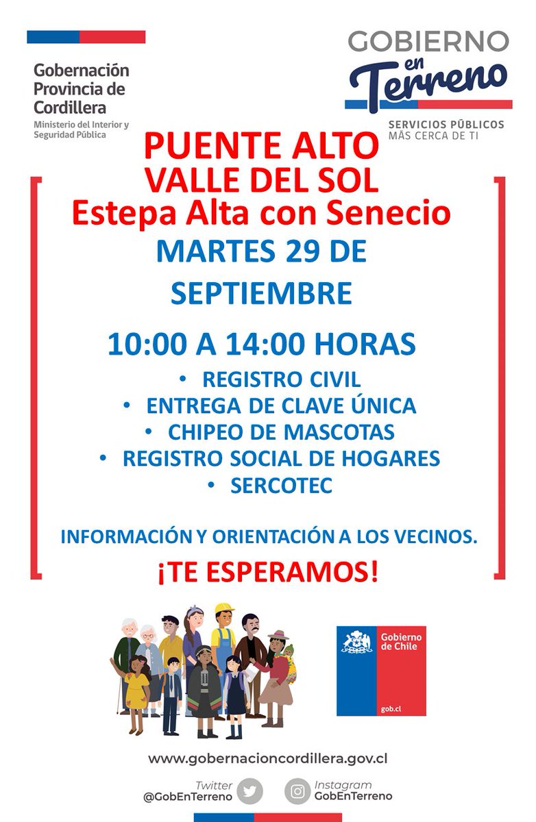 DPPCordillera's tweet photo. ❗️HOY TODOS INVITADOS en #PuenteAlto a un nuevo Gobierno en Terreno❗️
⏰ Hasta las 14:00 horas.
📍Valle del Sol (Estepa Alta con Senecio)
👩🏻💻Puedes obtener tu #ClaveÚnica, informarte de beneficios del @GobiernodeChile y también #Chipear a tu Mascota🐶🐱
😷TE ESPERAMOS❗️ https://t.co/X3VG6cZ4zm