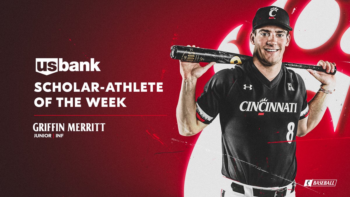 Congratulations to this week's <a href="/usbank/">U.S. Bank</a> Scholar-Athlete of the Week: Griffin Merritt of <a href="/GoBearcatsBASE/">Cincinnati Baseball</a>! ⚾️

Not only has Griffin been a leader in the locker room this year, but he turned a double play with a perfect 4.0 GPA for the Fall 2019 and Spring 2020 semesters. 👏📚