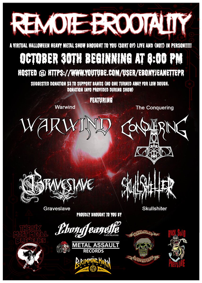 metalassaultLA's tweet photo. JUST ANNOUNCED: #EJPR and #MetalAssaultRecords present an extreme metal virtual Halloween hellscape featuring the heaviest sounds streaming from lockdown around the country! #RemoteBr00tality is set for premiere via YouTube on October 30, 2020 at 8 PM EST. More info soon! https://t.co/6N5ZsxKAAP