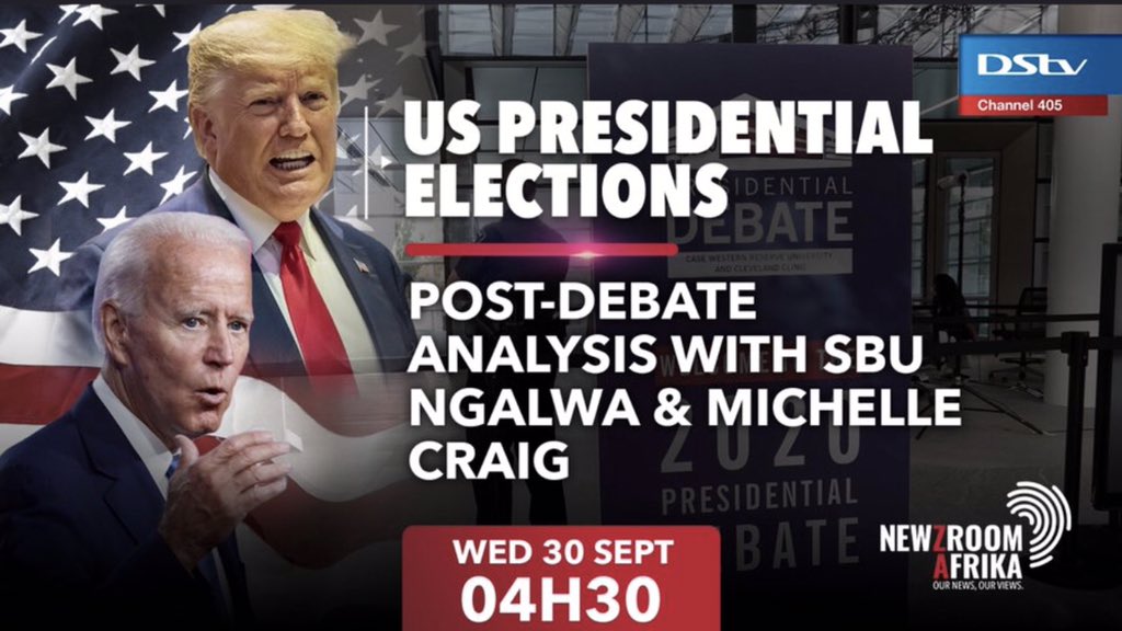 Newzroom405's tweet image. [STILL AHEAD] Watch the US Presidential candidates debate LIVE on #Newzroom405 as it unfolds on Wednesday from 03:00 AM. 
 
Join @MichelleL_Craig, @sbungalwa and a panel of guests who will unpack and analyse the debate from 4:30 AM.

#USPresidentialElectionsOn405