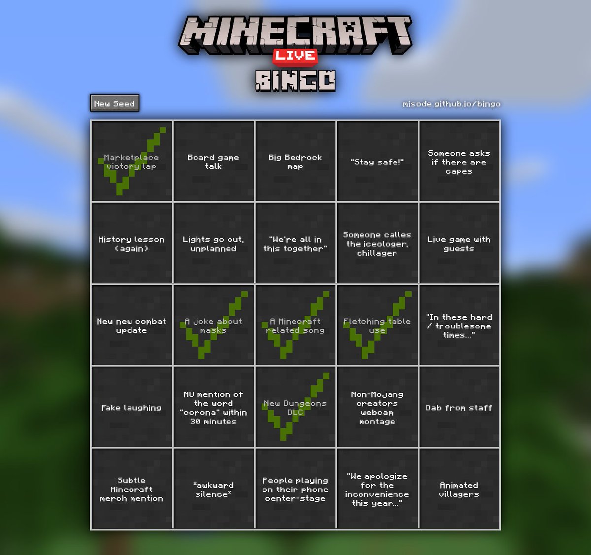 Generate your own random bingo card to fill out as you watch Minecraft Live 2020! misode.github.io/bingo/