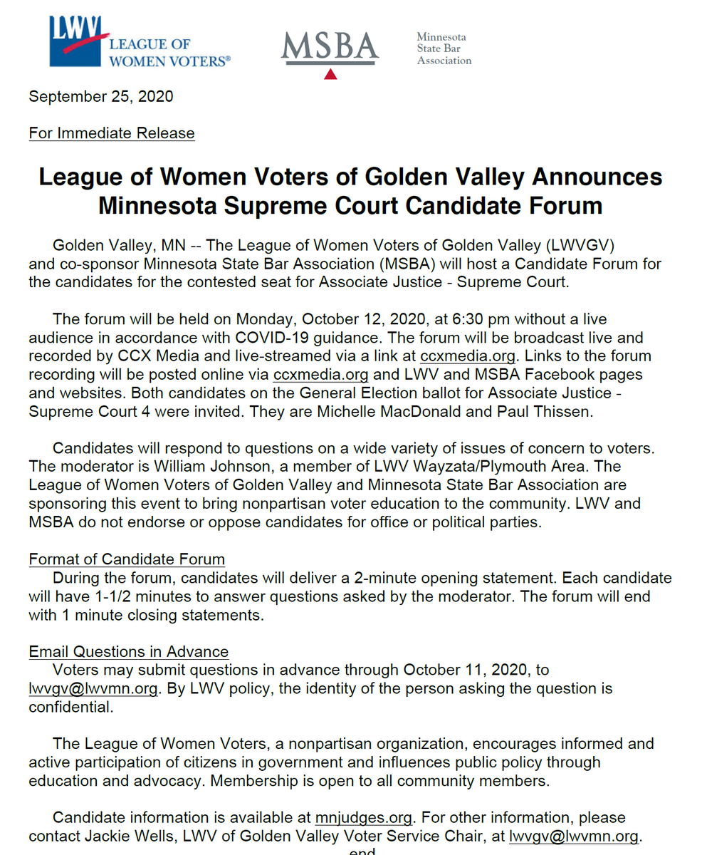 mnbar's tweet photo. A candidate forum with Justice Paul Thissen and challenger Michelle MacDonald will be held on October 12 at 6:30 p.m. The forum is sponsored by the League of Women Voters and cosponsored by the MSBA. 

https://t.co/5A002EFShH https://t.co/8xKlUoZTkx