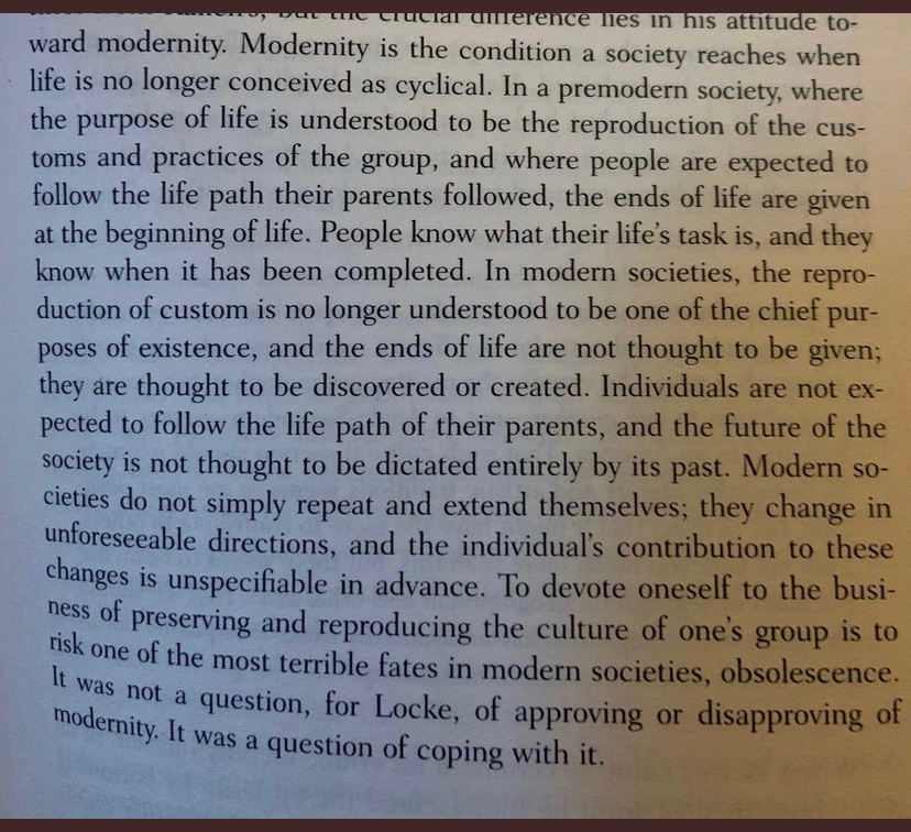 This is prob the best description of modernity (Louis Menand) Ive read but the funny thing is it doubles as a decent definition of liberalism also.