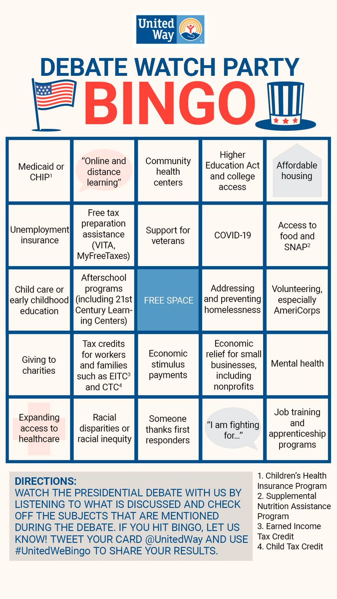 Are you planning to watch the presidential debate? Have a virtual party with us and use our BINGO card to track the issues that United Way cares about. Join us! #UnitedWeBingo #VoteUnited