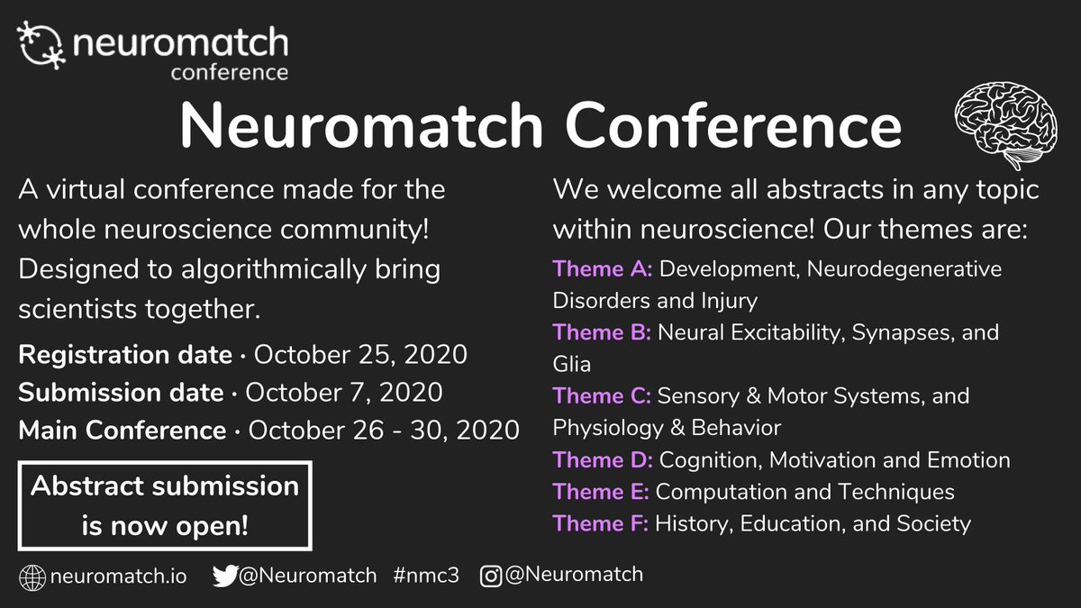 We’ll miss seeing you at Neuroscience 2020, but our friends from <a href="/neuromatch/">Neuromatch</a> are running an inclusive online conference Oct 26-30, extending their innovative and popular series to all of #neuroscience. Submissions open until Oct 7. neuromatch.io 

#nmc3 #ad