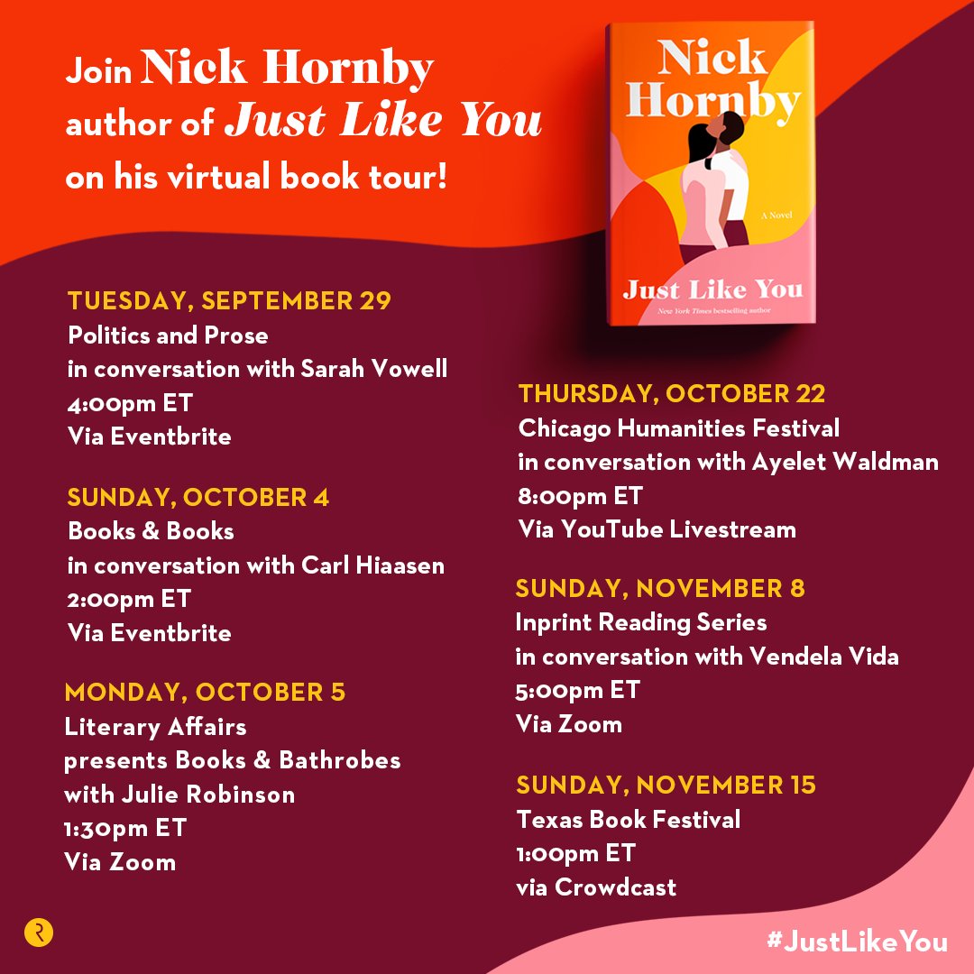 Riverhead Books (@riverheadbooks) on Twitter photo Don't miss out ‼️ <a href="/nickhornby/">Nick Hornby</a>'s virtual book tour for JUST LIKE YOU is kicking off right now! 🤩📖 Join <a href="/PoliticsProse/">Politics and Prose</a> and Nick at 4pm ET! Grab your tickets here: bit.ly/2DoZFog Don't miss out ‼️ <a href="/nickhornby/">Nick Hornby</a>'s virtual book tour for JUST LIKE YOU is kicking off right now! 🤩📖 Join <a href="/PoliticsProse/">Politics and Prose</a> and Nick at 4pm ET! Grab your tickets here: bit.ly/2DoZFog