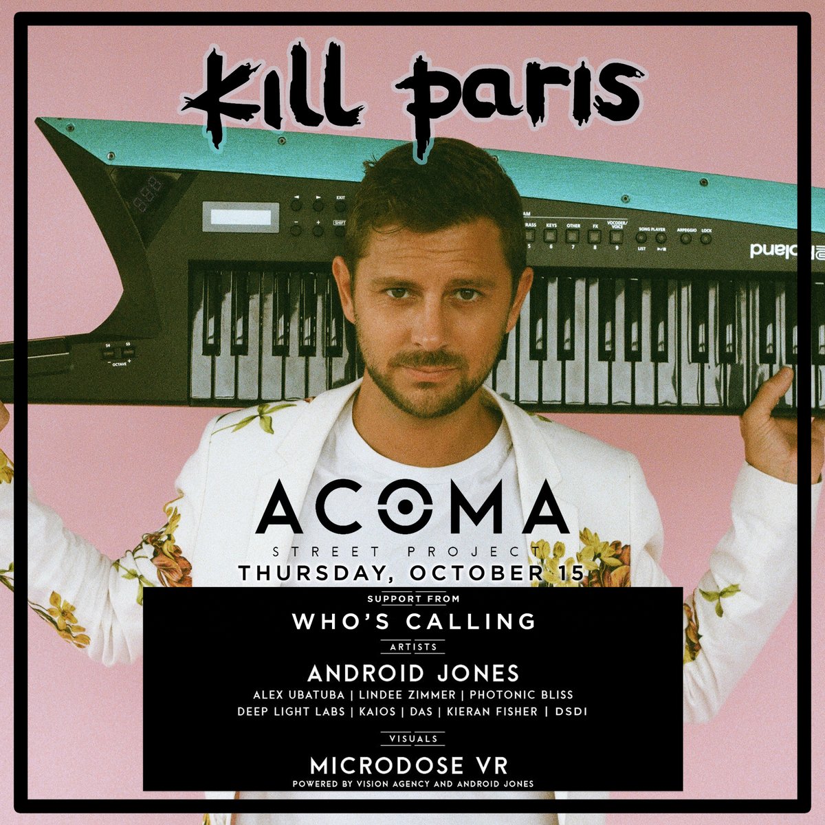 Kill Paris (@killparis) on Twitter photo DENVER! it’s happening! 💥
October 15 I’m playing <a href="/acomastproject/">Acoma Street Project</a> ~ music + art + social distancing 🖖 this is an incredible event that’s keeping music alive and staying safe doing so. limited capacity + strict precautions taken.
use pw: KPKEYTAR for exclusive pre-sale tables DENVER! it’s happening! 💥
October 15 I’m playing <a href="/acomastproject/">Acoma Street Project</a> ~ music + art + social distancing 🖖 this is an incredible event that’s keeping music alive and staying safe doing so. limited capacity + strict precautions taken.
use pw: KPKEYTAR for exclusive pre-sale tables