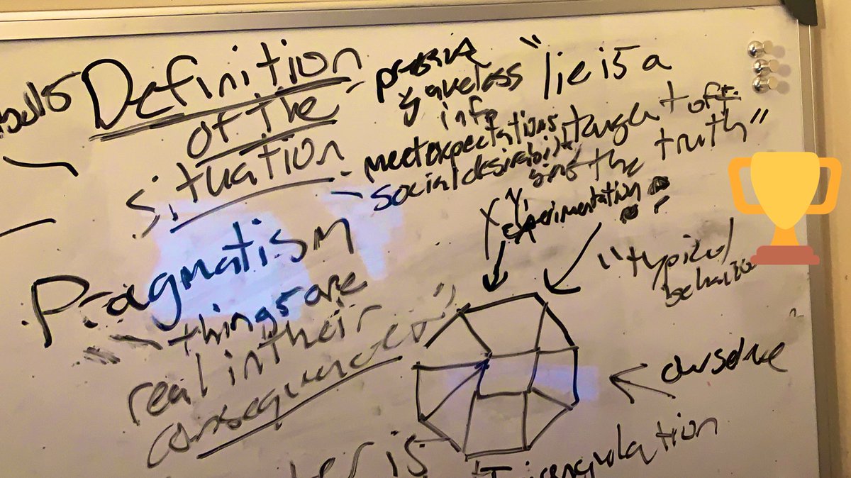 JayOrne's tweet image. Week 2 with my ug qual methods class #drexelsoc #qualmethods: today’s topic: what is research? What is reality? What is truth? After a game of telling lies and then conducting research to find the ‘truth’One student—also named Jay!—said “A lie is a tangent of the truth” so true.
