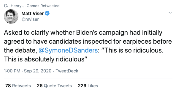 Ok let's rock n roll. 1. Articles & memes based on the first of these tweets are spreading a torqued narrative on Joe Biden and an inspection of an earpiece. Stories are posted across socials, esp Facebook. Biden campaign didn't clarify, called q's "ridiculous."