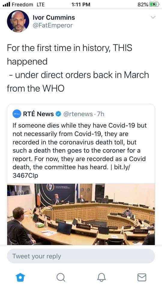 And as if to illustrate what I meant here is McNamara's dogwhistles to various conspiracy theories providing the fodder for the same guy whose been feeding him material to go full in on the WHO global conspiracy. This was the co-signer of that Irish Times letter too,