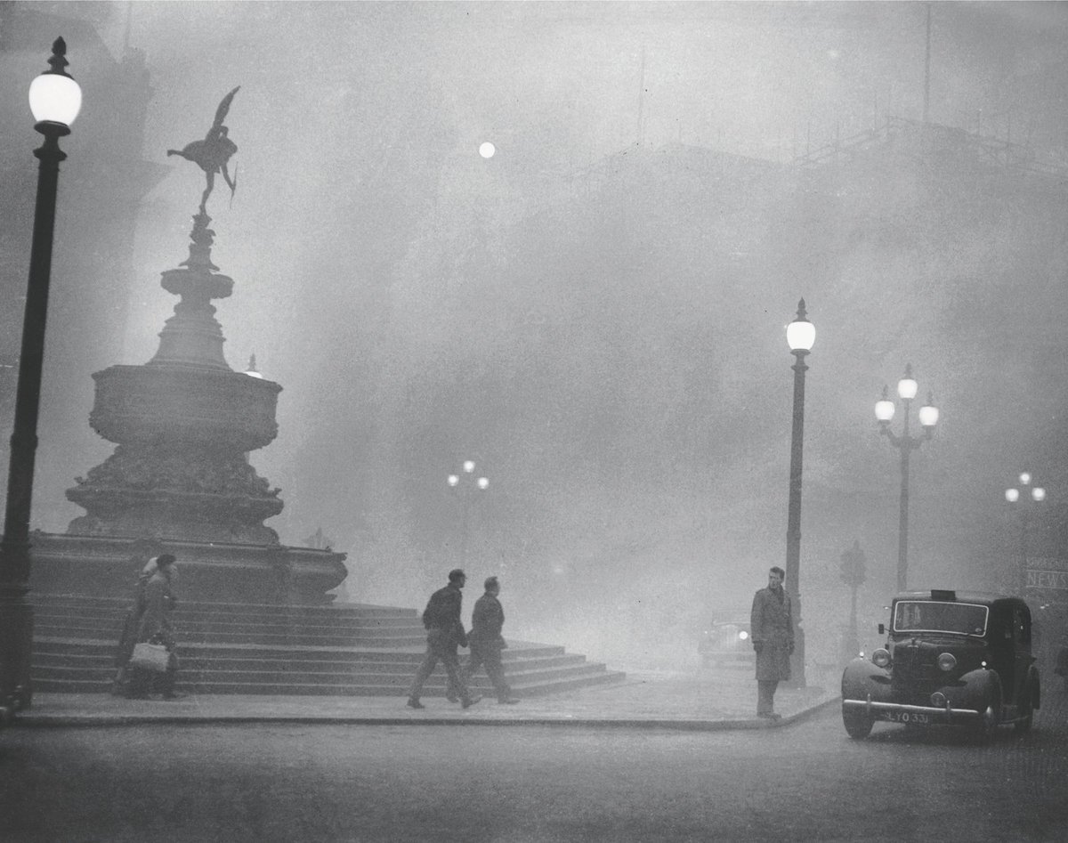 38) The Great Smog of 1952 was a pea-souper of unprecedented severity, induced by both weather and pollution. On December 5, an anticyclone settled over London, a high-pressure weather system that caused an inversion whereby cold air was trapped below warm air higher up.