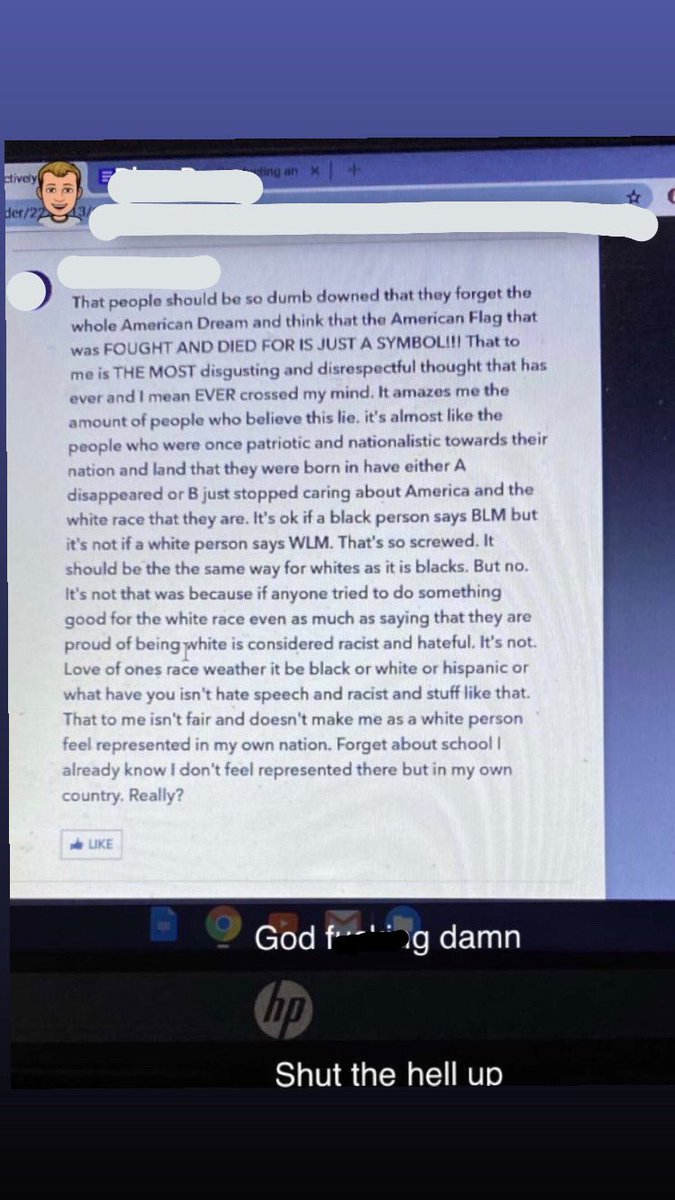 (9/12) Today, another SHS Student posted a Racist and Homophobic tirade on Google Classroom to state what they believe is "The American Dream"