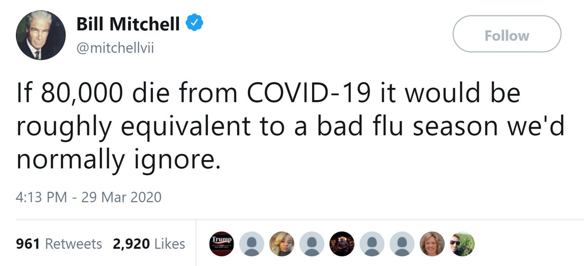 Officially, Bill Mitchell was permanently suspended for evading a ban with an alternate account. But on Parler, he said it was for bad covid takes.Fun fact: This is the 100th tweet of Mitchell takes in this thread.