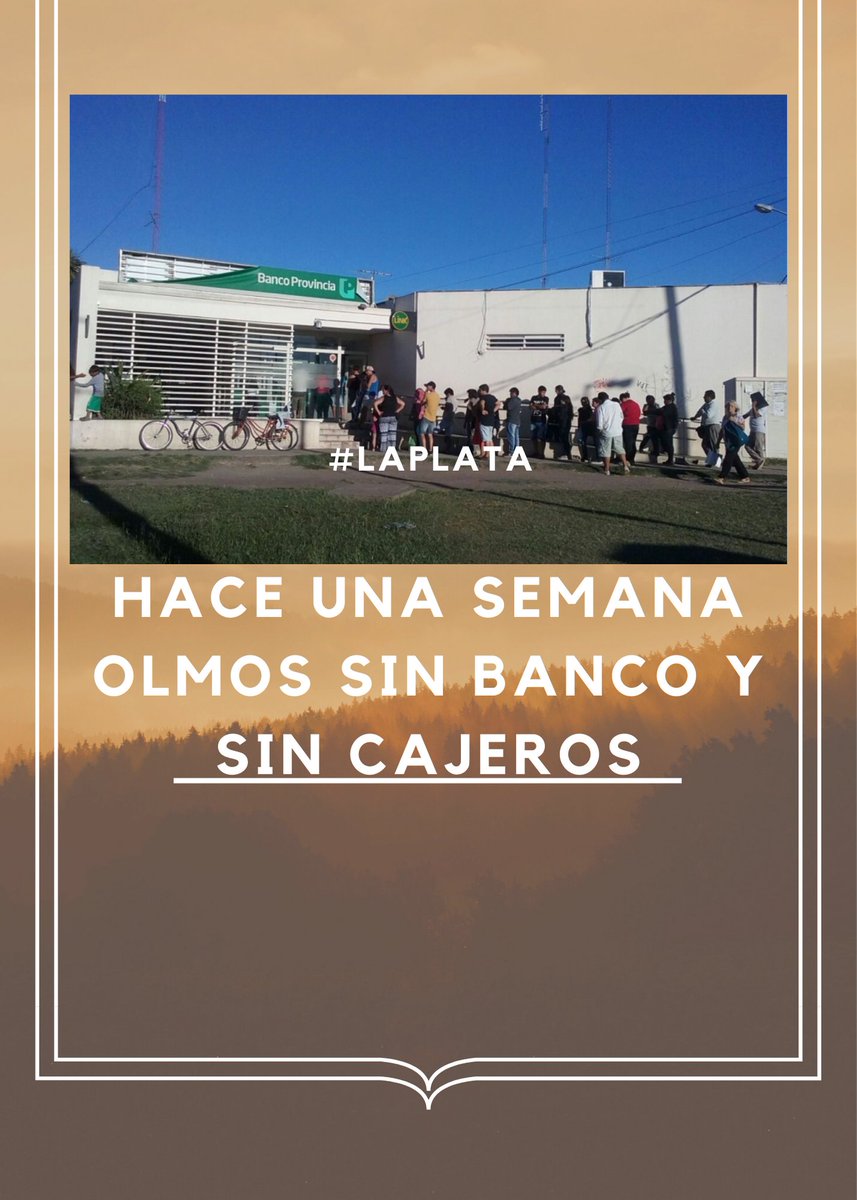 Desde martes pasado estamos sin banco provincia. Hoy sigue cerrado, pero tampoco los cajeros se repone dinero. Y la gente de #Olmos necesita efectivo. <a href="/JulioGarro/">Julio Garro</a> <a href="/somoslaplata/">Somos La Plata</a> <a href="/diariohoynet/">Diario HOY</a> <a href="/eldialp/">Diario EL DIA de La Plata</a> <a href="/0221comar/">0221</a>