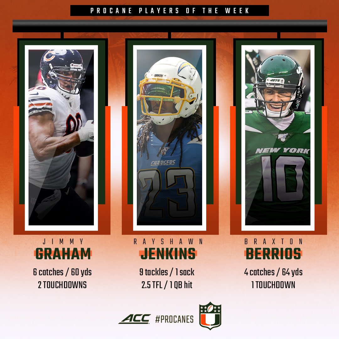 proCanes's tweet image. Check out your #NFLU #proCane Players of the Week. Featuring @chicagobears @thejimmygraham, @chargers @jenkz_26  and @nyjets @hnynut_berrios #TEU #DBU #WRU