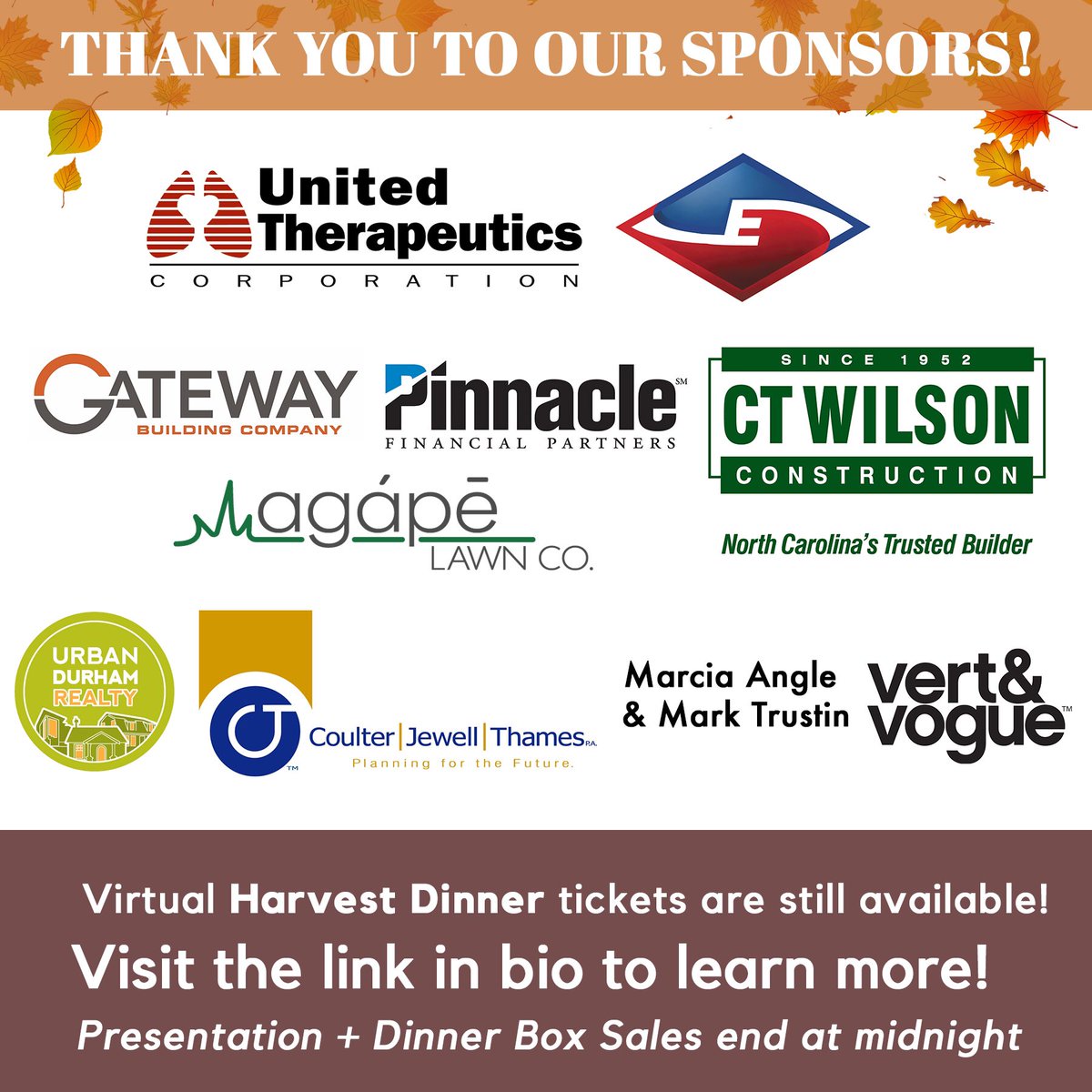 Thank you to our sponsors, who made Harvest Dinner possible. We couldn’t have done it in these tumultuous times without your support. Ticket sales for Dinner Boxes end tonight, get your tickets here: bit.ly/2EGvUjr!
