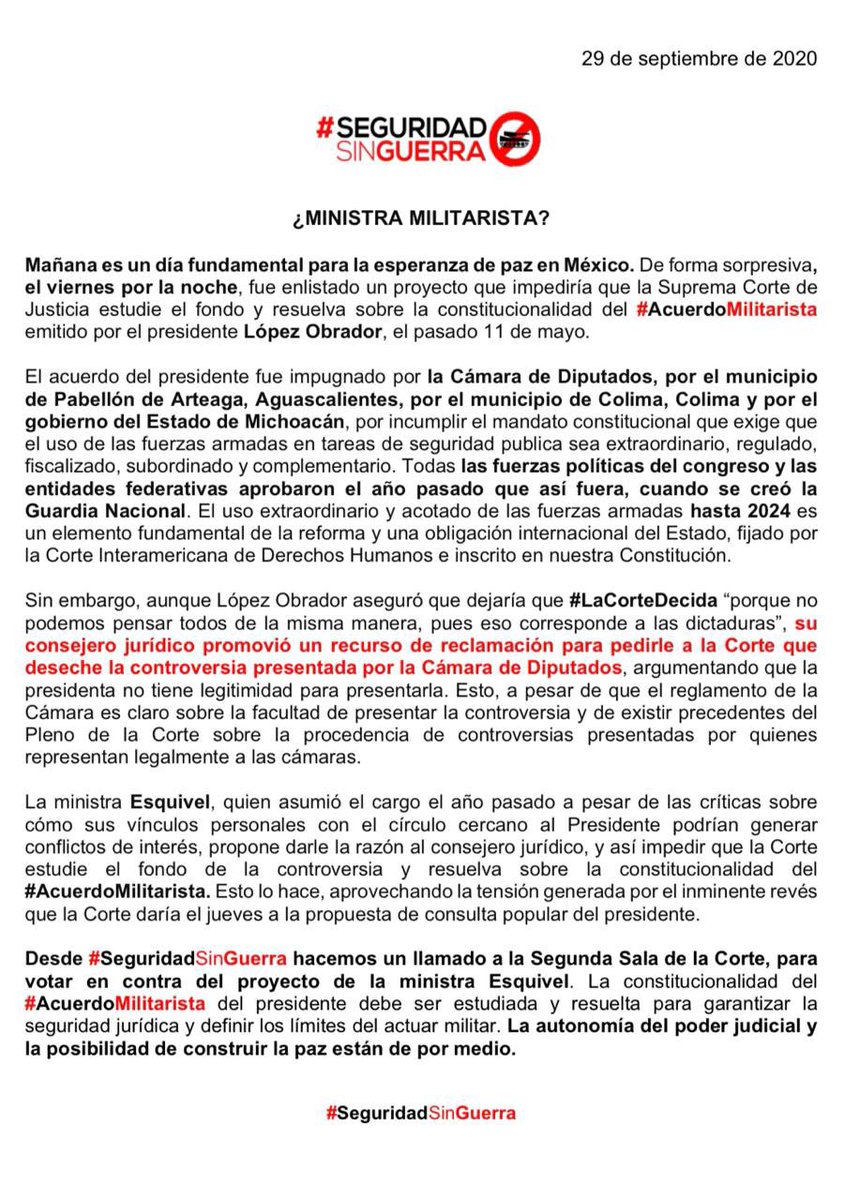 De #MinistraContratista a #MinistraMilitarista.

Detengan la militarización del país y 👉🏼 #QueLaCorteDecida.