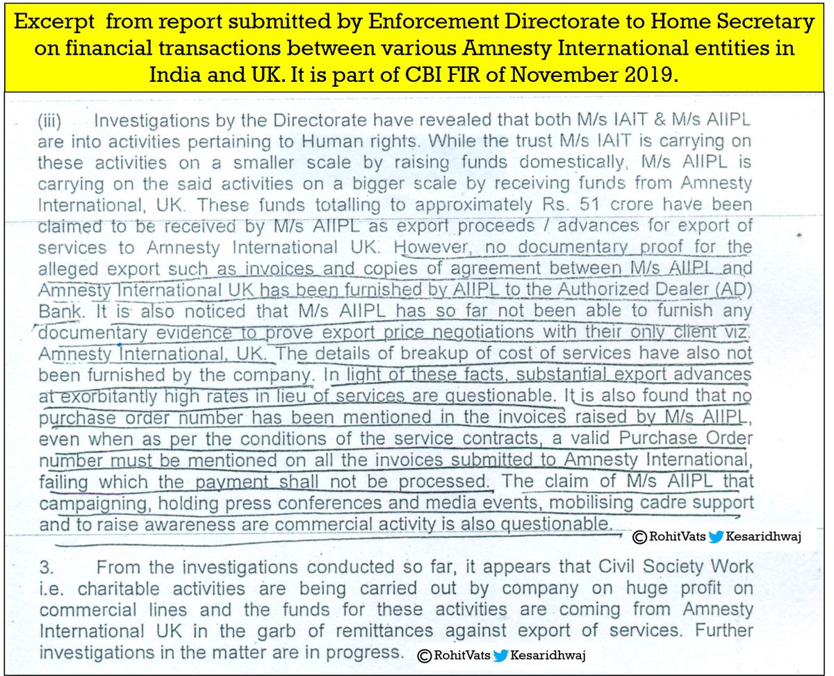 From CBI FIR of 2019 - 1) Summary of shady transaction done between Amnesty International UK, Amnesty International India Private Limited, and Indians for Amnesty International Trust.2) Excerpt of report by Enforcement Directorate to MHA3) CBI letter to RBI #AmnestyIndia