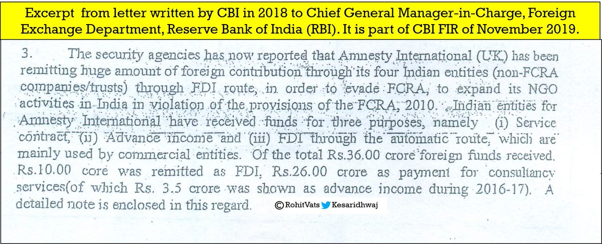 From CBI FIR of 2019 - 1) Summary of shady transaction done between Amnesty International UK, Amnesty International India Private Limited, and Indians for Amnesty International Trust.2) Excerpt of report by Enforcement Directorate to MHA3) CBI letter to RBI #AmnestyIndia